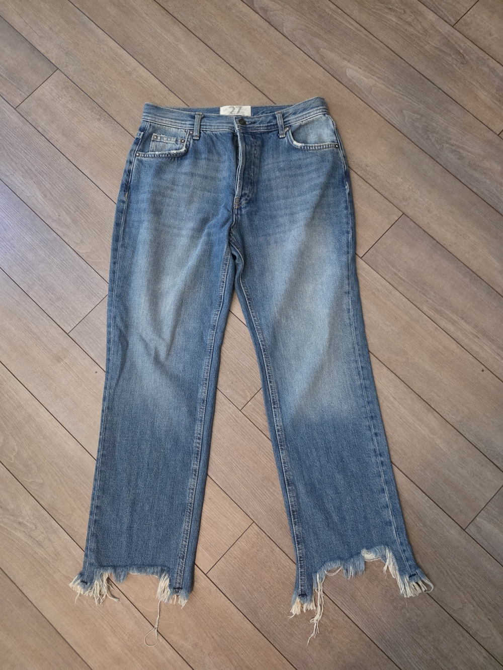 Free People Light Blue Straight-Leg Jeans with Frayed Hem